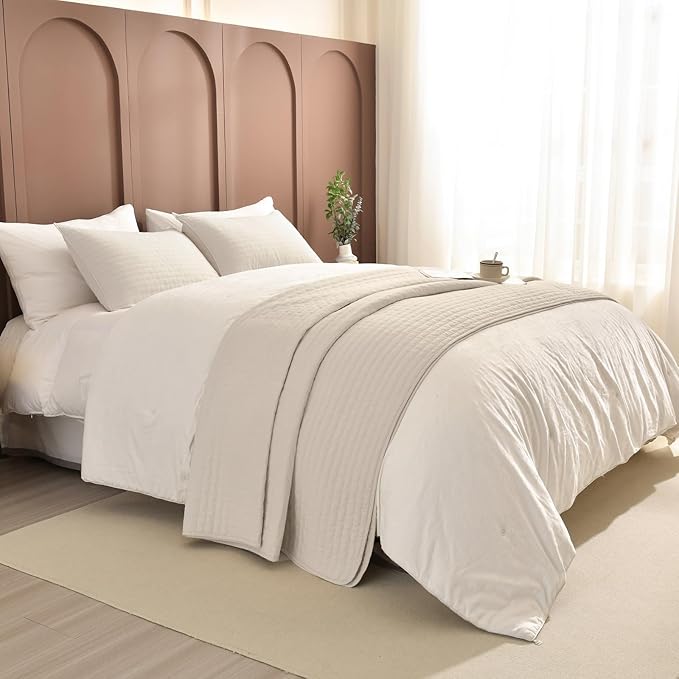 Sanracie Oversized Queen Bedspread Set 102"*118", 100% Cotton Wheat Colored Extra Large Wide Queen Quilt Bed Set Soft and Cozy Cloud Lightweight Quilts for All Season