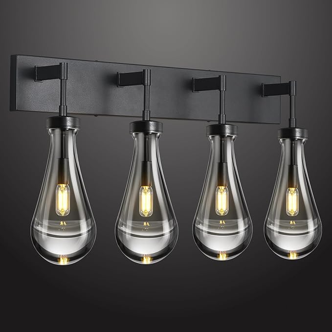 Raindrop Wall Sconces Black Crystal Sconces Wall Decor Modern Lighting Glass Bathroom Sconces Indoor Vanity Light Wall Lamp for Bedroom Living Room Stair(4-Light)