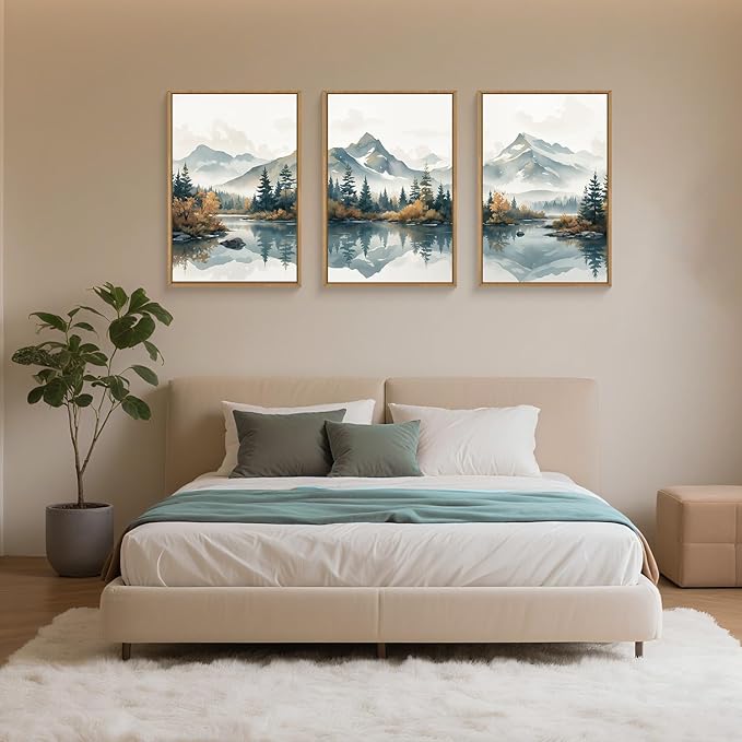 HLNIUC Winter Christmas Mountain Wall Art Framed,Large White Snowy Forest Decor Set of 3 (24"x36"), Watercolor Nature Lake Foggy Landscape Canvas Painting for Living Room, Bedroom, Office