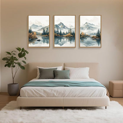 HLNIUC Winter Christmas Mountain Wall Art Framed,Large White Snowy Forest Decor Set of 3 (16"x24"), Watercolor Nature Lake Foggy Landscape Canvas Painting for Living Room, Bedroom, Office