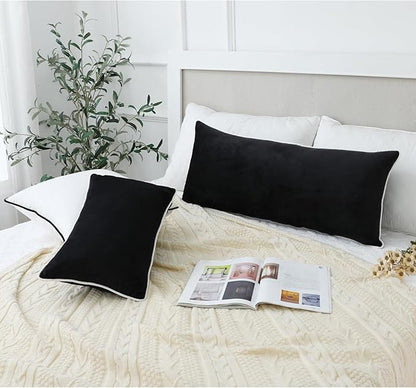 LIGICKY Long Lumbar Pillow Cover 16x36 inch Black Velvet White Rope Edging Throw Pillow Covers Decorative Rectangular Body Pillow Case Accent Textured Cushion Cover for Bed Couch(Cover Only)