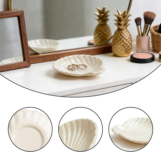 Jewelry Plate Set of 2 Ceramic Shell-Shaped Ring Dishes 3.9-inch Ring Dish & Jewelry Storage Tray