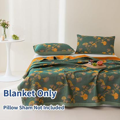 100% Cotton Jacquard Quilt Floral Ginkgo Leaves Print,Soft Muslin Bed Cover 3 Layers Reversible Bedspread Coverlet Breathable Lightweight Bedding,Twin(59"x94"), No Pillow Sham