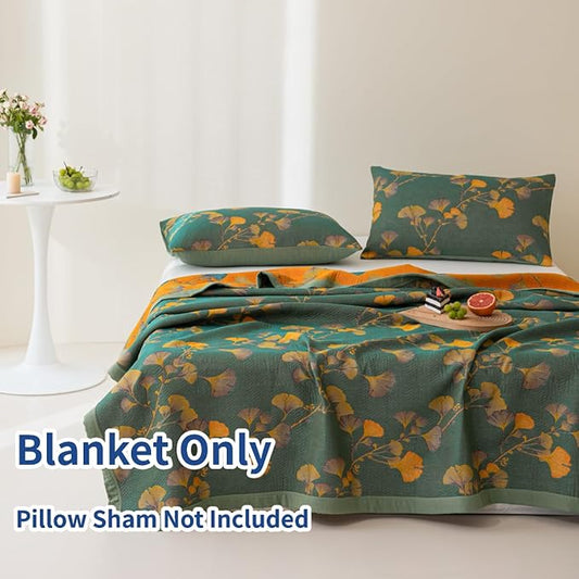 100% Cotton Jacquard Quilt Floral Ginkgo Leaves Print,Soft Muslin Bed Cover 3 Layers Reversible Bedspread Coverlet Breathable Lightweight Bedding,Full/Queen(78"x94"), No Pillow Sham