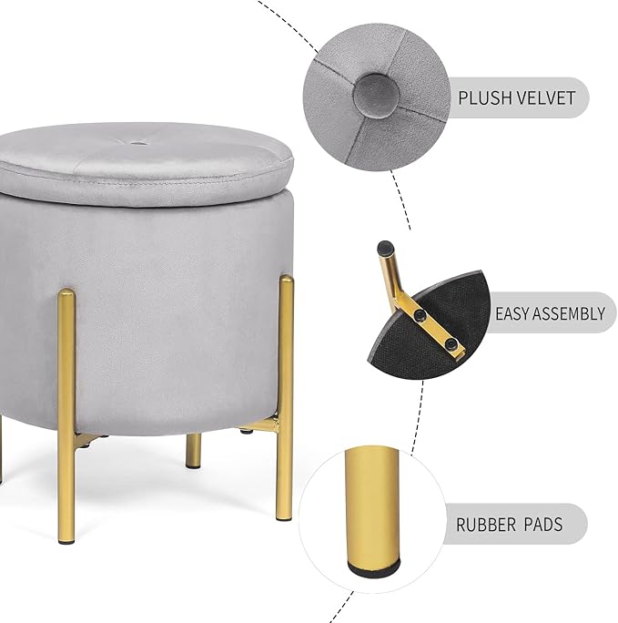 Adeco Upholstered Tufted Round Storage Ottomans, Grey Modern Velvet Footrest Ottomans with Storage for Couch