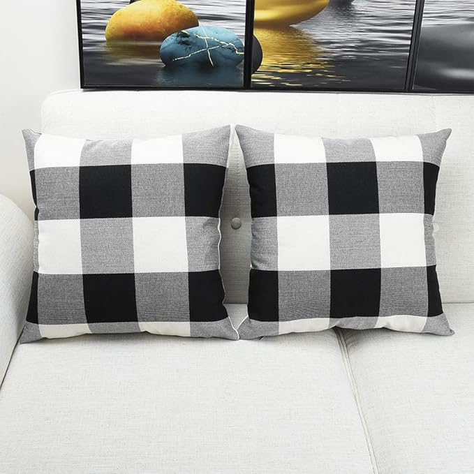 Artaimee Black and White Buffalo Check Plaid Throw Pillow Covers 18x18 Set of 2 – Decorative Farmhouse Cushion Covers for Sofa, Couch, Bed & Patio – Cotton Linen Pillow Cases with Hidden Zipper