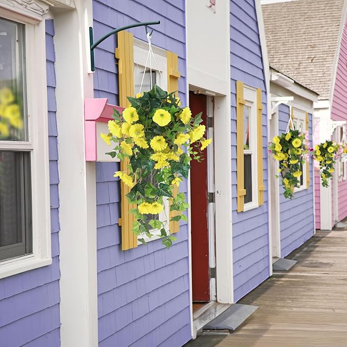 RECUTMS Artificial Fake Hanging Flowers Plants for Outdoor Spring Decor, 2 Pcs UV Resistant Faux Petunias Trailing Plants Realistic Flower Look Real for Door Wall Yard Porch Garden Planter (Yellow)