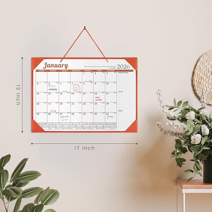 Ospelelf Desk Calendar 2026-2027 Wall Monthly Planner 12"x17" Leather Pad with Protective Cover 18 Months January 2026 - June 2027 Orange