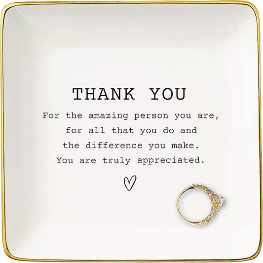 Thank You Gift for Woman,Teacher,Neighbor,Doctor,Nurse,Colleague,Co-worker,Boss,Friend-Appreciation Present,Leaving Farewell Thanksgiving Christmas Gift-Ceramic Jewelry Tray Trinket Holder Ring Dish