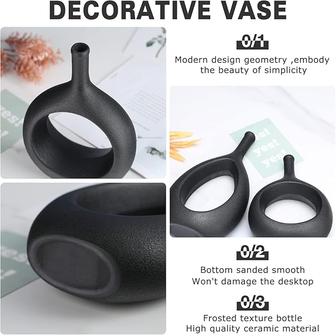 Black Ceramic Hollow Elliptical Vase Set of 2 - Boho Circle Vase with Hole, for Modern Black Table Decor, Living Room Decor Shelf mid Century Modern Home Entrance Decorative vase