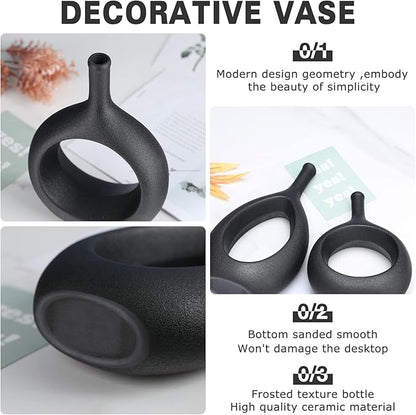 Black Ceramic Hollow Elliptical Vase Set of 2 - Boho Circle Vase with Hole, for Modern Black Table Decor, Living Room Decor Shelf mid Century Modern Home Entrance Decorative vase