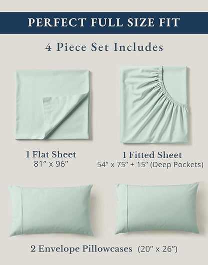 LANE LINEN 100% Organic Cotton Full Sheets Set, Soft & Comfy Percale Weave Fully Elasticized Reinforced Seams Sustainably Produced Oeko Tex Certified Deep Pocket Cotton Full Size Sheet - Cool Blue