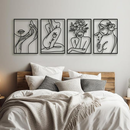 Bakovity Black Metal Wall Art, Abstract Flower Line Sculpture, Black Minimalist Modern Wall Decor for Living Room, Bedroom, Bathroom (4 Pieces, 17x12 Inches)