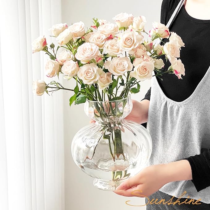 Large Glass Vases for Centerpieces Wide Big Ribbed Vase Hyacinth Bulb Avocado Clear Vases for Table Decorations Modern Thickness for Wedding Home Living Room Decor 7.63'' Width x 8.66''Height
