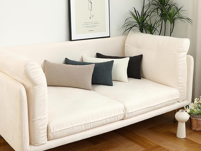 Jeneoo Ivory Decorative Lumbar Thick Throw Pillow Covers Fine Textured Boucle Couch Cushion Cases for Sofa Decor, Set of 2, 12 x 20 Inch