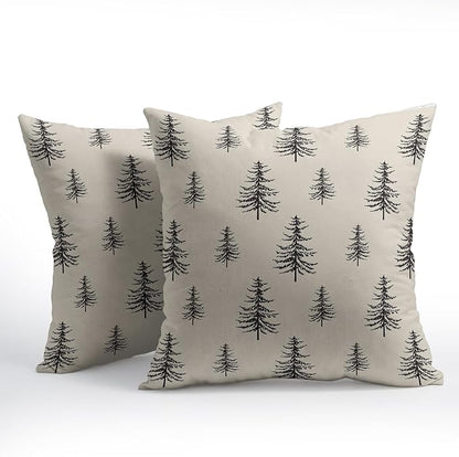 Christmas Tree Pillow Covers 24x24 Set of 2 Black Xmas Vintage Winter Print Decorative Outdoor Linen Zipper Throw Pillows Cases Cushion Cover Rustic Holiday Decoration Farmhouse Sofa Couch Bed Decor