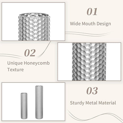 Sziqiqi Silver Tall Floor Vase: 27.6/21.7in Metal Cylinder Vases Extra Large Decorative Vase Set of 2 Living Room Modern Honeycomb Texture Big Standing Decor for Dining Bedroom Home Corner Indoor