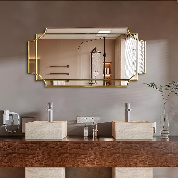 Wall Mirror Full Length, 47" x 24" Gold Wood Framed Full Body Mirror, Scalloped Beveled Polished Decorative Mirrors, Large Rectangle Irregular Mirror for Bathroom/Bedroom/Living Room/Entryway