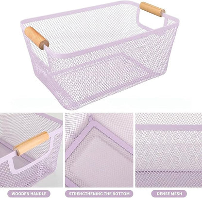 Metal Mesh Steel Basket, Large Wire Storage Organizer Basket Multi-function Hanging Kitchen Baskets with Wood Handle for Kitchen Bathroom Picnic Home, Rectangle-Purple