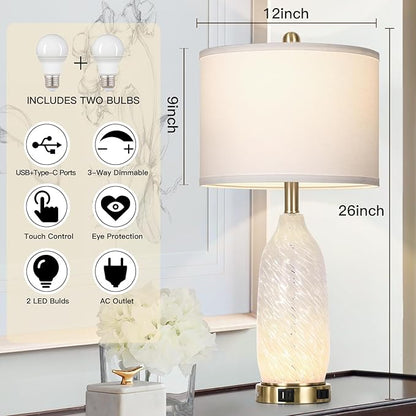 26" Modern Clear Glass Table Lamps Set of 2,Nightstand Lamp with USB A+C Ports & AC Outlet,Bedside Lamps with 3-Way Dimmable Touch Control Night Light for Bedroom Living Room(Bulbs Included)