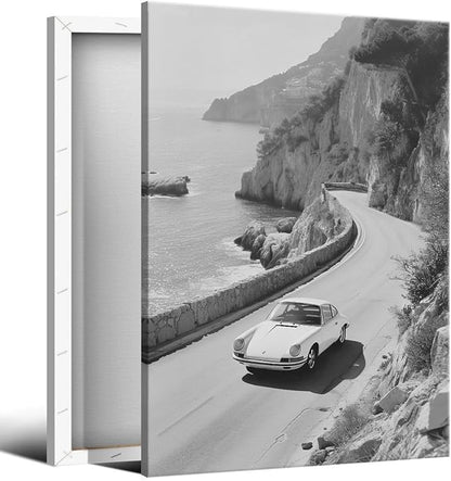 Black and White Photography Canvas Wall Art, Car Driving In Amalfi Coast Poster, Vintage Italy Coastal Travel Photo Print, Classic Car Picture for European Road Adventures 12x16in Wrapped Canvas