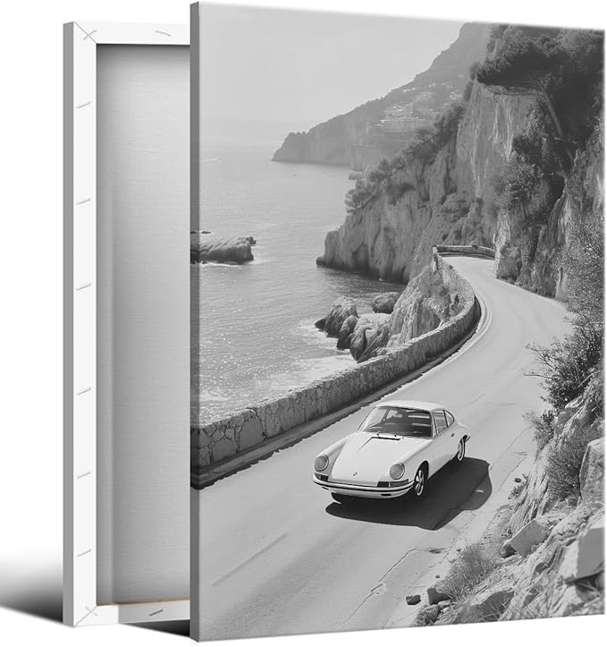 Black and White Photography Canvas Wall Art, Car Driving In Amalfi Coast Poster, Vintage Italy Coastal Travel Photo Print, Classic Car Picture for European Road Adventures 24x36in Wrapped Canvas