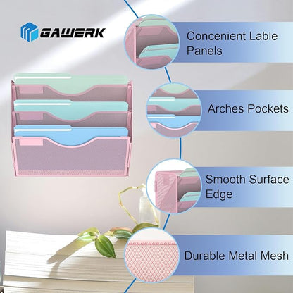 3 Tier Hanging Wall File Organizer, Mesh Mail Paper Orgnization Hanging File Folder Holder for Home Office, Pink