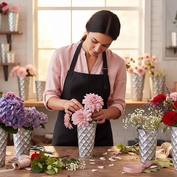 12 Pcs Silver Metal Flower Vases 9 Inch Galvanized Flower Bucket Spring Farmhouse French Bucket with Handles, Floral Vases for Centerpiece Bar Wedding Bouquet Table Decoration Supplies