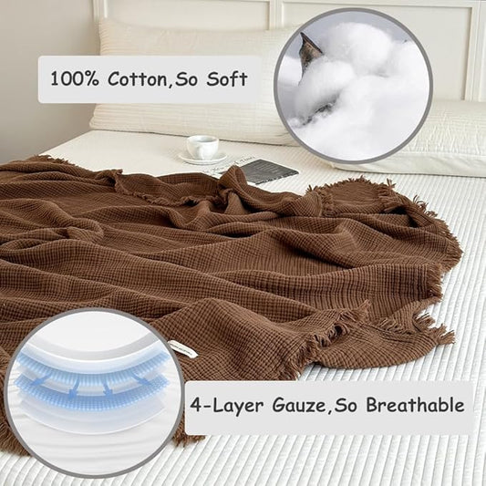 100% Cotton 4-Layer Muslin Blanket with Fringes, 80"x90", Brown Bed Blanket, Ultra-Soft Gauze Boho Bedding for All Seasons, Breathable for Couch, Bed(Brown,Queen)