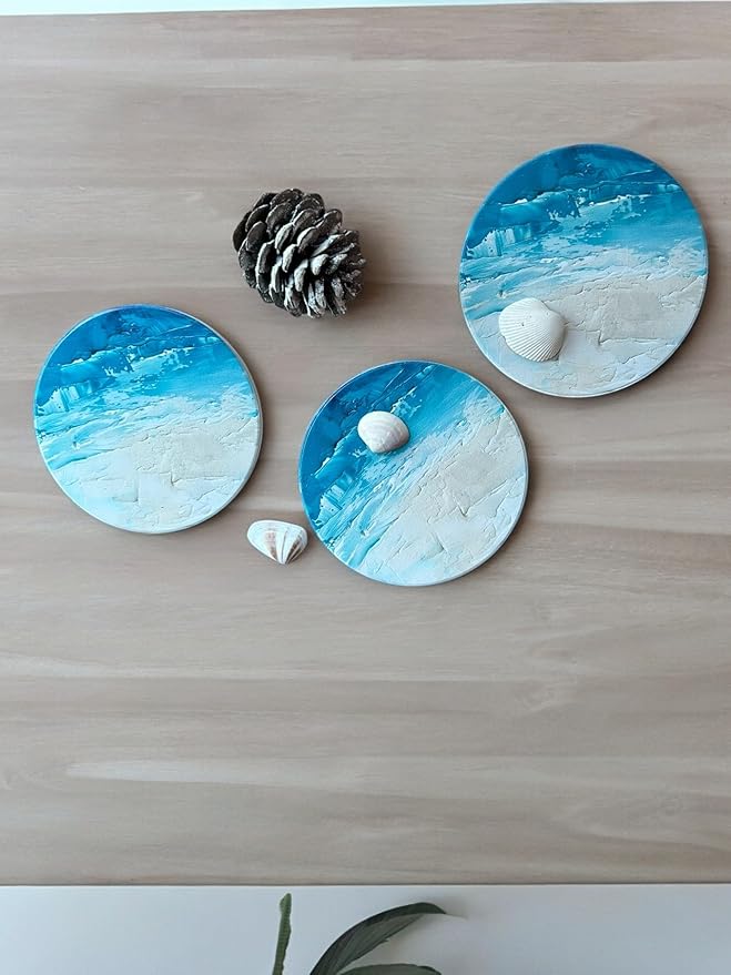 Blue Ceramic Absorbent Coasters Set of 6 with Holder, Marble Drink Coasters for Coffee Table, Water Absorbing Coaster (Waves)