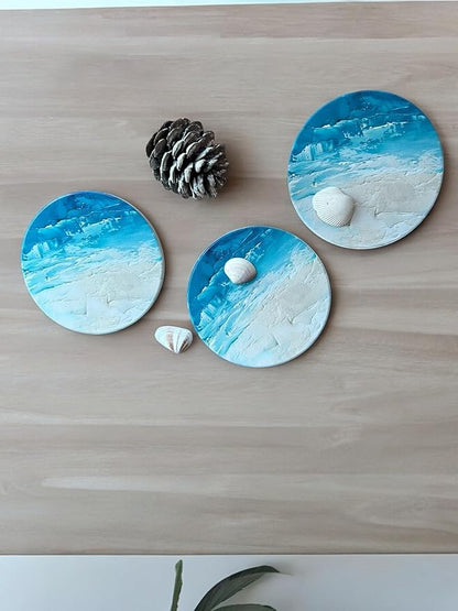 Blue Ceramic Absorbent Coasters Set of 6 with Holder, Marble Drink Coasters for Coffee Table, Water Absorbing Coaster (Waves)