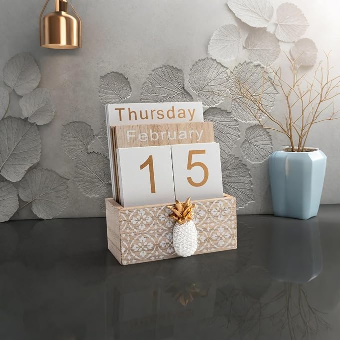 Notakia Vintage Wood Block Perpetual Calendar Month Week Date Display for Home Office Desk Rustic Decoration, Brown pineapple