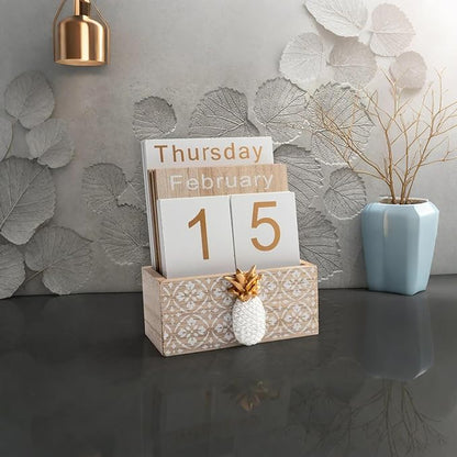 Notakia Vintage Wood Block Perpetual Calendar Month Week Date Display for Home Office Desk Rustic Decoration, Brown pineapple