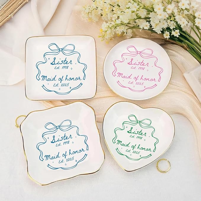 Personalized Maid of Honor Ring Dish, MOH Jewelry Dish Ceramic, Wedding Bridal Shower Bachelorette Gifts for Bridesmaid, Maid of Honor Proposal Dish Gift from Bride