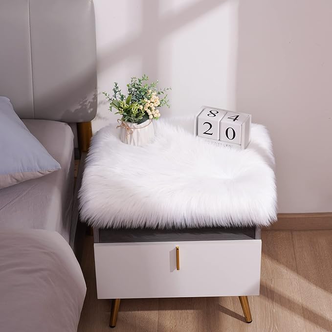 Softlife Square Faux Fur Sheepskin Chair Cover Seat Cushion Pad Super Soft Area Rugs for Living Bedroom Sofa (1.6ft x 1.6ft, White, pack of 2)