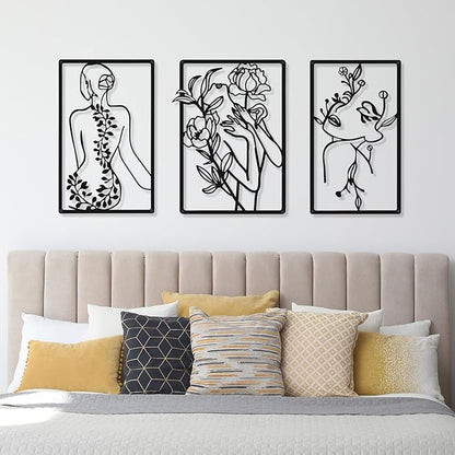CHENGU 3 Pieces Metal Minimalist Abstract Woman Wall Art Line Drawing Wall Art Decor Single Line Female Home Hanging for Kitchen Bathroom Living Room