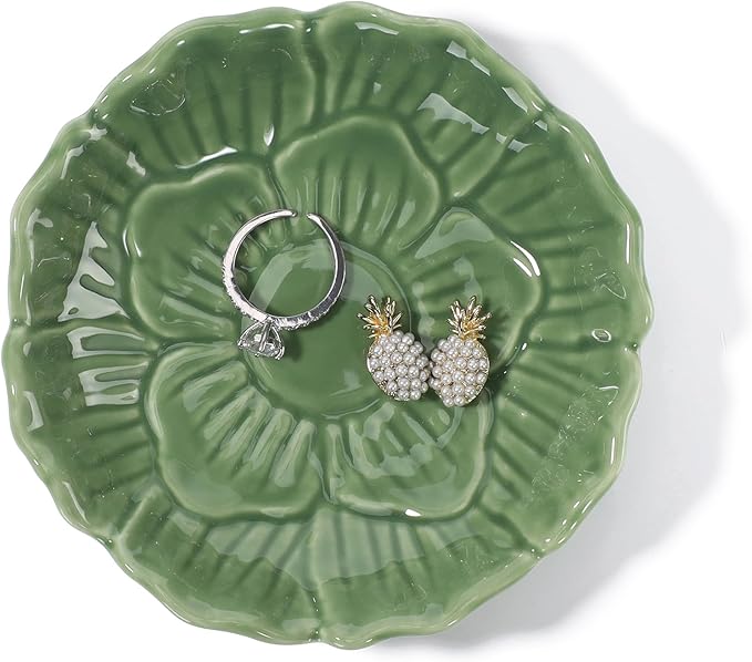 Flower Ring Dish Holder,Jewelry Dish Tray,Small Trinket Tray,Jewelry Plate Bowl,Key Bowl,Decorative Plate,Birtdhay Christmas Gifts for Women Friends,Ceramic Green