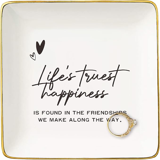 Friendship Gifts for Woman,Best Friends,Thank You Gift for Bestie,Sisters,Friends Appreciate Keepsake-Christmas Gifts-Delicate Ceramic Jewelry Tray Trinket Holder Ring Dish-Life's Truest Happiness