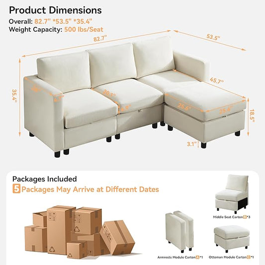 83”L-Shaped Modular Sectional Sofa with Storage & Movable Ottoman, Convertible 4-Seat Reversible Chaise Chenille Couch for Living Room, Soft Beige Fabric, Modern Design