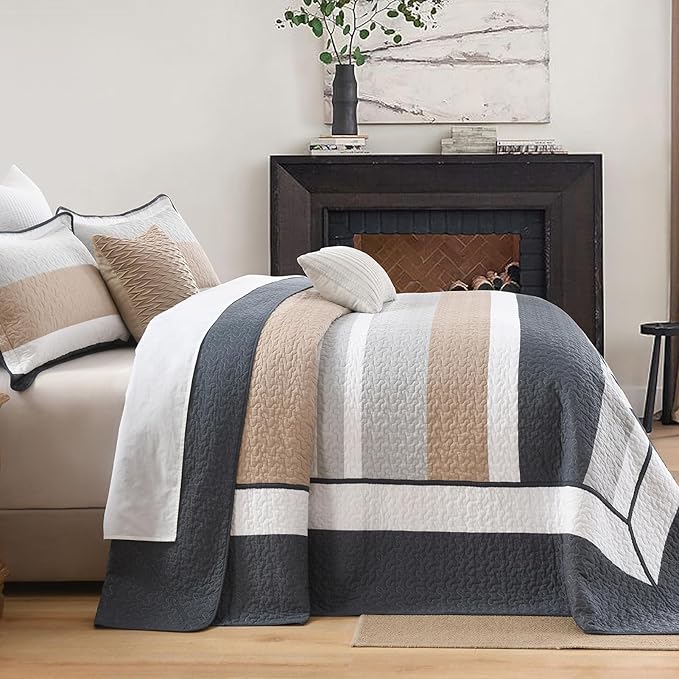 SahSahCasa 120"x120" 100% Cotton Oversized California King Bedspread Coverlet Striped Quilt Set, Cal King Quilted Bedspread Extra Large Quilt, XL Bed Spread Lightweight Comforter, Dark Slate Gray