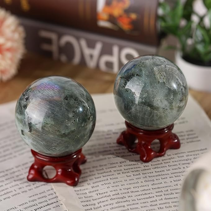 moonsix Natural Labradorite Crystal Sphere with Resin Stand Healing Energy Stone Decorative Ball Sculpture for Home Office Tabletop, 51-60 mm