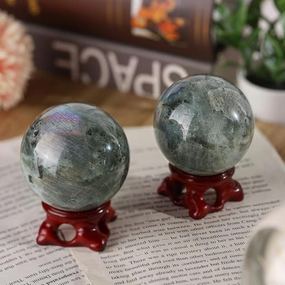 moonsix Natural Labradorite Crystal Sphere with Resin Stand Healing Energy Stone Decorative Ball Sculpture for Home Office Tabletop, 51-60 mm