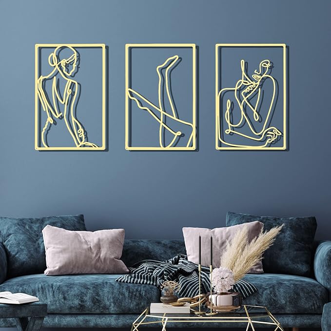 CHENGU 3 Pieces Gold Wall Decor Minimalist Wall Art Metal Line Wall Art Wall Decor for Bedroom Single Line Female for Kitchen Bathroom Living Room(Vivid Style)