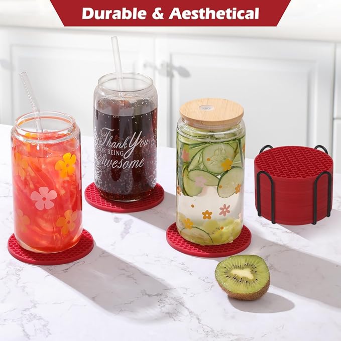Silicone Coaster Set of 8 with Holder, Drinks Coasters, Beer & Coffee, Hot or Cold, Anti-Slip, Non-Stick, Anti-Overflow Tabletop Protection and Decor (8 Pcs, Wine Red)