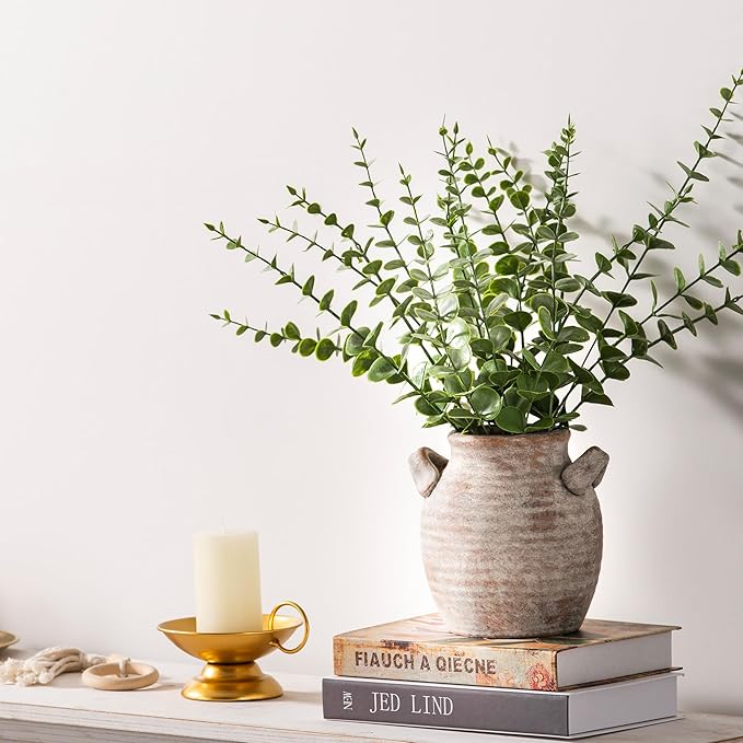 Ceramic Flower Vase Home Decor - Farmhouse Table Vases with Handle Living Room Decoration Vintage Decorative Aesthetic for Shelf Coffee Dining Desk House Bookshelf Fireplace (6" Rustic)