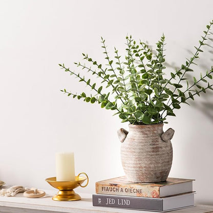 Ceramic Flower Vase Home Decor - Farmhouse Table Vases with Handle Living Room Decoration Vintage Decorative Aesthetic for Shelf Coffee Dining Desk House Bookshelf Fireplace (6" Rustic)