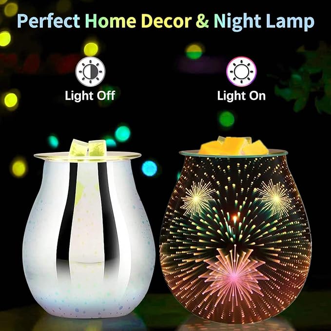 3D Glass Wax melt Warmer,Electric melt Burner,Romantic Aroma Warmer for Essential Oils Burner & Premium Wax Melts Burner.(Fireworks)