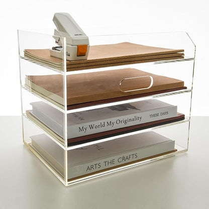 4 Tier Paper Organizer Letter Tray - Acrylic Tray Organizer for Desk, Paper Sorter Organizer for Letter/A4 Office File Folder Holder - Crystal-Clear File Organizer