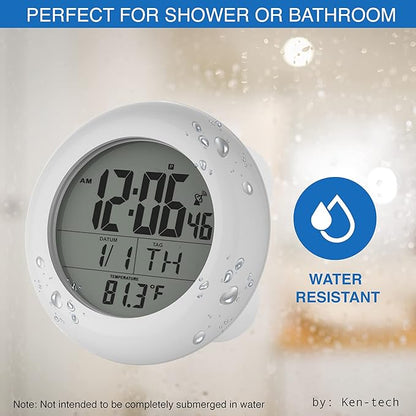 Sonnet Shower Clock for Bathroom and Kitchen - Large Digital Display Shows Time, Date, Day of The Week and Temperature. Large Suction Cups, Hanging Hole, and Kick Stand - Atomic Clock