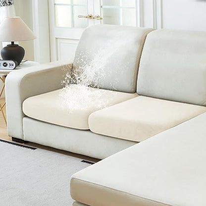 NAISI Waterproof Couch Cushion Covers Thick Velvet Fabric Washable Sofa Slipcovers 2 Pieces Individual Sectional Couch Covers with Elastic Bottom(2 Pcs for 2-Seat or Backrest,Ivory White)
